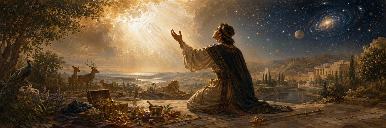 A humble ruler reaches toward sacred light as a scepter, gold, and jewels rest unused beside him